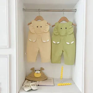 Toddler cute elephant ear wide strap jumpsuit set, comfortable candy color baby overalls.