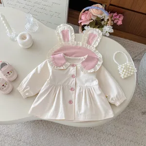 Bonita chaqueta de algodón para niña con orejas de conejo y volantes, abrigo de otoño.