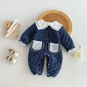 Cute baby winter cotton jumpsuit with polka dots lace collar warm infant romper clothing detail