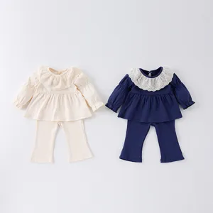 Girls Spring Outfit Set Long Sleeve Ruffle Doll Collar Blouse And Wide Leg Pants Children Sweet Casual Cotton Two Piece Set