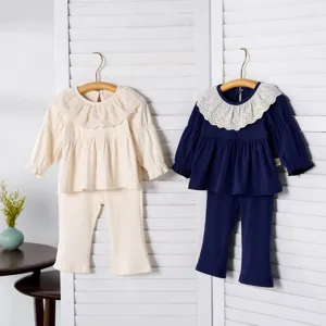 Kids girls spring long sleeve lace collar blouse and flared trousers two piece clothing set.