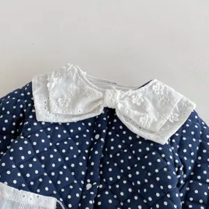 Infant winter cotton romper with cute lace lapel, cozy polka dot quilted baby jumpsuit.