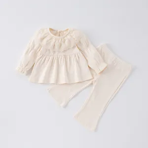 Spring toddler girls clothing set cute lace collar blouse and ribbed flare pants outfit