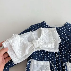 Infant winter warm quilted cotton romper with delicate white embroidered lace lapel collar detail.