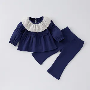 Cute toddler girl long sleeve blouse with lace collar and wide leg pants set for spring.