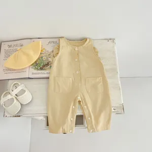 Baby yellow sleeveless romper casual cute jumpsuit infant toddler daily wear detail shot