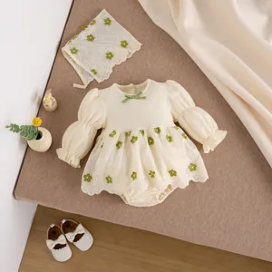 Säugling Baby Mädchen Langarm Strampler Bestickt Blumen Spitzenkante Bodysuit Mit Hut Süß Baumwolle Baby Kleidung Set