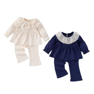 Cute toddler girl lace collar long sleeve top and flare pants set baby spring outfit