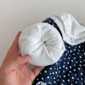 Infant winter fleece romper with cute polka dots and soft plush lining for baby girls warm.