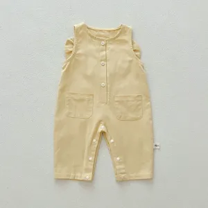 Infant light yellow sleeveless romper detail, cute shoulder ruffles, front button closure.
