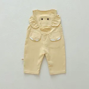Baby yellow cotton overall detail, cute elephant ear ruffle design, soft infant casual romper.