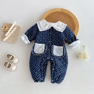 Infant winter fleece-lined polka dot romper with delicate white lace lapel and sweet pockets.