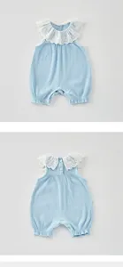 Cute baby girl blue cotton rib romper detail view featuring sweet white lace collar.
