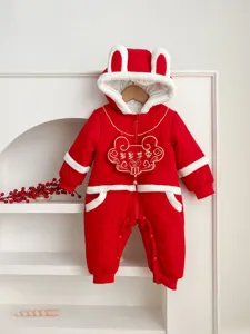 Red baby winter jumpsuit with rabbit ears hood, cute plush trim and festive design.