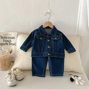 Set giacca e pantaloni in denim per bambini, abito neonato cotone blu scuro manica lunga.