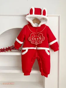 Infant Red Winter Jumpsuit Cute Bunny Ears Thickened Festive Baby Romper New Year Outfit