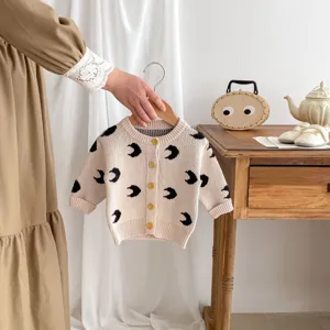 Baby knit cardigan with black crescent moon print, cotton yarn infant spring autumn top.
