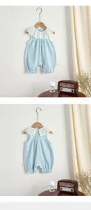 Infant baby girl ribbed romper with white lace collar, cute summer bodysuit detail view.