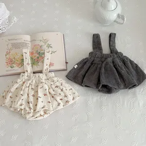 Cute infant baby girl floral corduroy strap romper dress, sweet toddler autumn outfit.