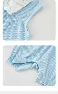 Detail shot of baby ribbed romper showing white lace collar and convenient snap button closure.