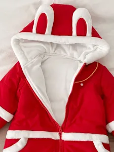 Infant red winter jumpsuit with bunny ears hooded thickened baby festive romper outerwear