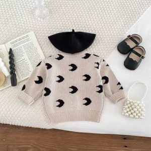 Baby knit cardigan with cute crescent moon print, long sleeve infant sweater for autumn spring.