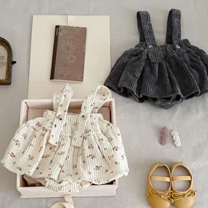 Infant corduroy floral romper dress set for autumn and spring, baby cute straps skirt detailed view.