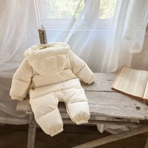 Mono de invierno para bebe beige de plumon con capucha ropa calida de exterior para ninos