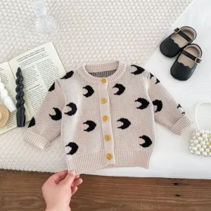 Baby knitted cardigan sweater for autumn spring, cute crescent moon print unisex top.