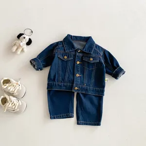 Set giacca pantaloni denim neonato, vestito bambino vintage in cotone morbido maniche lunghe.
