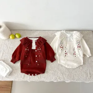 Ensemble gilet barboteuse tricot bébé broderie florale petite fille tenue princesse