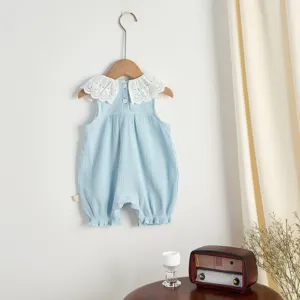 Cute baby ribbed cotton romper with delicate white lace collar, sleeveless sweet design.