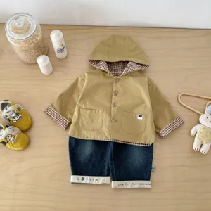 Baby toddler hooded windbreaker jacket set with plaid lining and casual denim pants.