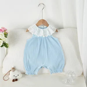 Baby girl light blue cotton rib romper with white lace collar and sleeveless design for daily wear.
