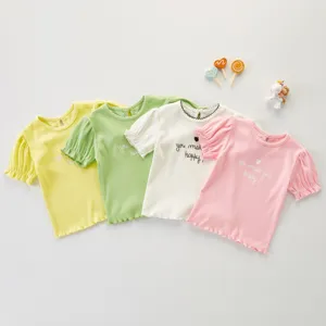 Bonita camiseta de verano de manga corta para niña con cuello con volantes top infantil