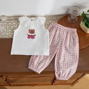 Bambina Piccola Neonato Estate Orsetto Cartone Animato Colletto Pizzo Top Senza Maniche E Pantaloni A Quadri Vestito Casual