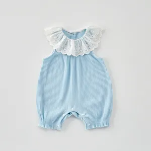 Summer baby girl cotton rib romper with cute white lace ruffle collar for daily wear.
