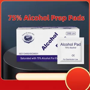 Detail view of 75% alcohol pads box and individually wrapped sterile wipe for cleaning.