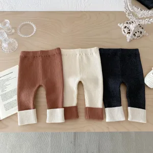 Leggings in Maglia per Bambine Autunno Inverno Tinta Unita Elastico Stretto Polsino Arrotolato Pantaloni a Matita Cotone