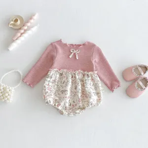 Baby girl long sleeve romper with floral skirt, pink waffle knit top, cute infant bodysuit outfit.