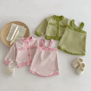 Cute infant toddler plaid knit cardigan and suspender skirt set closeup product details.