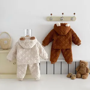Peuter winter gevoerde capuchon gewatteerde jas en broek set schattige berenoren babykleding