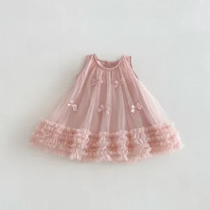 Details of pink toddler girls sleeveless mesh princess dress with cute 3d bows and ruffles.