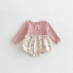 Infant baby girl long sleeve romper, waffle knit top with floral balloon pants and bow detail.