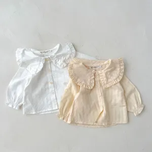 Infant baby girl long sleeve shirt with cute ruffles collar, pure cotton top for toddler kids.
