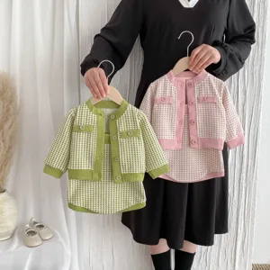 Baby girl stylish tweed cardigan and pants set infant cute knit plaid autumn outfit