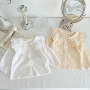 Baby girls long sleeve blouse cute ruffled collar cotton shirt toddler white yellow top