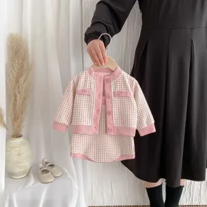 Baby girl pink tweed cardigan plaid set infant cute autumn jacket suspender pants toddler clothes