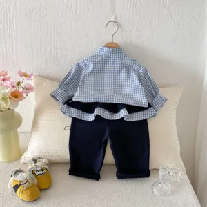 Set bambina autunno camicia a quadri manica lunga e pantaloni con volants grazioso