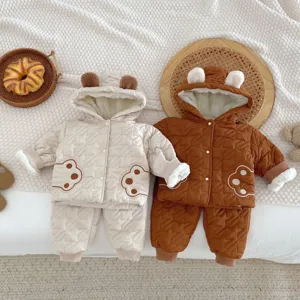 Baby winter warm katoenen set, schattige beren capuchon dikke jas en broek tweedelig outfit.